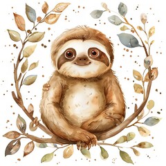 Obraz premium Whimsical Watercolor Sloth Perched Peacefully on Branches