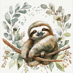 Obraz premium Whimsical Watercolor Sloth Perched on Branches Against a White Background
