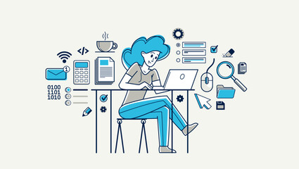 Intellectual worker woman making analysis of some data on pc or web, data systematization, collecting and analyzing information, vector outline illustration.
