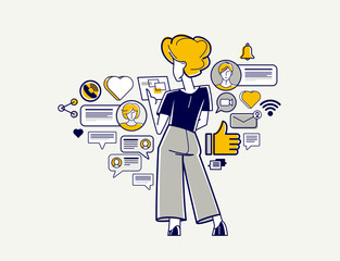 Social media influencer at work vector outline illustration, online marketing worker, manager working in social media, support service.