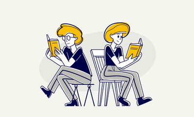 Reading book vector outline illustration, education self-education or rest relaxing read fiction literature.