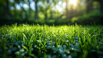 Dew-Kissed Blades: A Tranquil Picnic Amidst Nature's Tapestry"，Close-up of grass under macro lens after storm, sunshine, big scene, picnic, 4k wallpaper, high resolution, high quality