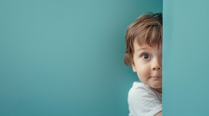 Curiosity Unveiled: Shy Little Boy's Peek Behind the Blue Wall