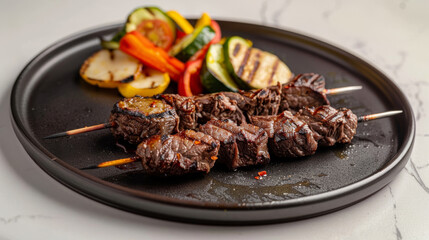 Savory grilled georgian beef shashlik with colorful bell peppers, zucchini, and onions on a modern black plate with spices