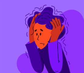 Young man feeling stressed and uncomfortable, vector illustration of a person having mental disorder panic and anxiety, psychological problems.