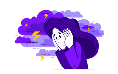 Young woman having a psychological problem of stress or anxiety, vector illustration of stressed girl having mental disorder or tired, headache flat style drawing.