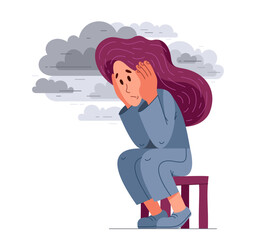 Young woman having a psychological problem of stress or anxiety, vector illustration of stressed girl having mental disorder or tired, headache flat style drawing.