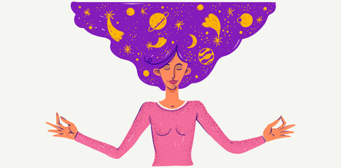 Young woman meditating, vector illustration of a girl in meditation yoga lotus pose, harmony in mind.
