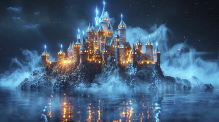 Castle hovering in night sky in 3D Hologram style, blue neon lights accentuating ancient stonework.