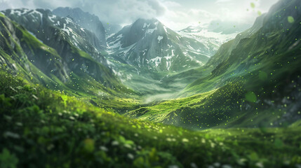 Secluded mountain valley with vibrant green particles swirling against a blurred backdrop, evoking the rugged beauty and timeless majesty of the alpine landscape.