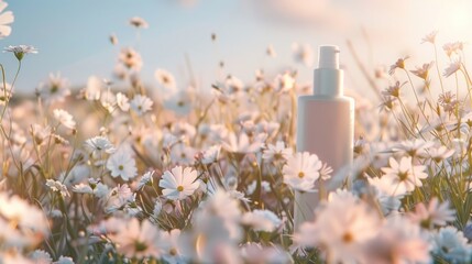 A bottle of lotion is sitting in a field of flowers. The scene is peaceful and serene