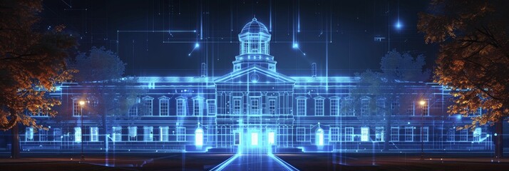 Historical building on university campus in 3D Hologram style, blue neon enhancing scholarly atmosphere.