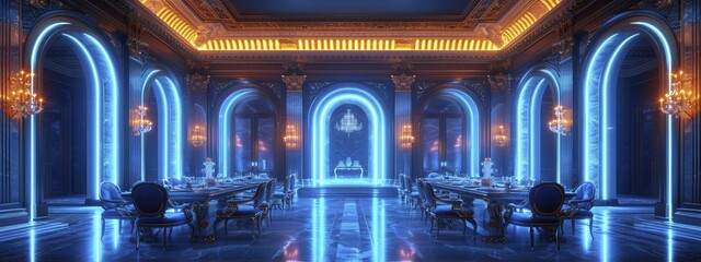 Luxurious palace dining room set for royal banquet, 3D Hologram style with blue neon glow.