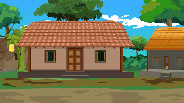 Indian poor mud house rural landscape, Farmer house, Village landscape, tin shade home, straw hut, Indian village house, banana tree, dirt road, village roadside landscape, mud house, Indian hut