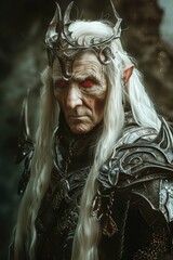 A digital oil painting of old elf king with red evil eyes and white hair in a dark place, cinematic portrait. very scary and bloody.