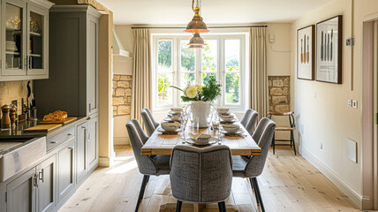 Cotswolds cottage style dining room decor, interior design and country house furniture, home decor, table and chairs, English countryside styling - obrazy, fototapety, plakaty