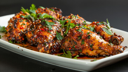 Fototapeta premium Authentic georgian dish: chicken tabaka with fresh parsley served on a white plate against a black backdrop, ready to be enjoyed