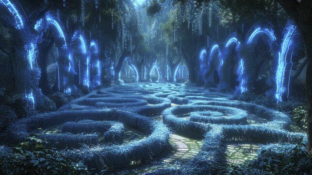 Exploring an ethereal garden maze with palace archways, bathed in captivating blue neon hues within a mesmerizing 3D Hologram display.
