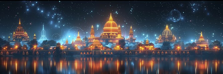 Wat with golden domes in 3D Hologram style, contrasted by cool blue neon outlines against night sky.