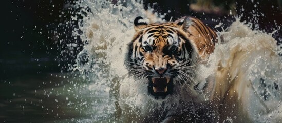 Portrait of a tiger looking for prey in a lake in the forest