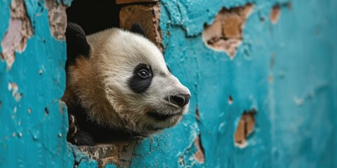 Close up view picture of the hollow blue hole on the the wall that show the panda stay inside the...