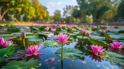 A pond filled with numerous pink blooms