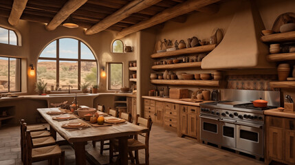 Fototapeta na wymiar Kitchen with beautiful lighting and a southwest interior style.