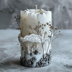 create a candle using lace, crystals, concrete, dried flowers in a minimalist style