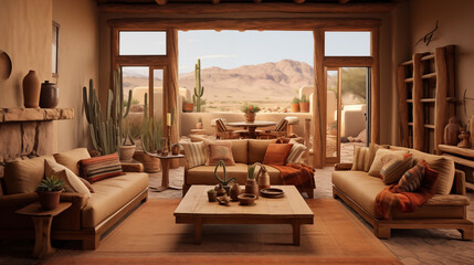Fototapeta premium Living room with beautiful lighting and a southwest interior style.