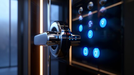 Detailed view of a digital door lock, focusing on the touchscreen interface and secure locking mechanism in a realistic setting