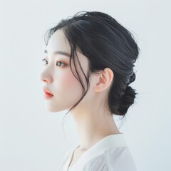 Elegant portrait of a beautiful young Korean lady, her youthful glow and fine features contrasted with a pure white background