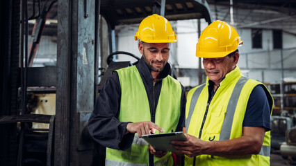 Two men in safety gear are looking at a tablet