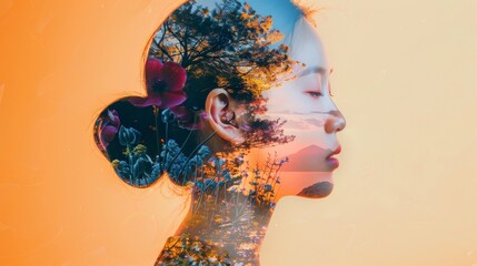 Ethereal Portrait of a Young Asian Woman with Nature-Inspired Double Imagery
