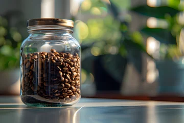 Fotobehang A glass jar filled with aromatic coffee beans, its transparent walls showcasing the rich brown hue of the beans against the backdrop of the blurry interior  © Mathias