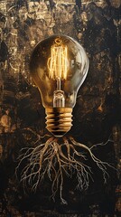 An abstract art piece featuring a golden light bulb with roots growing underneath it, representing deeprooted ideas and sustainable business solutions