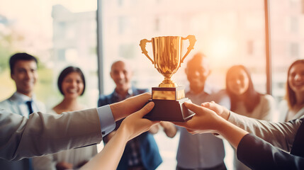 Businesspeople holding a trophy at the office, excellence recognition achievement business teamwork