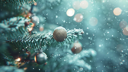 A close-up shot of a Christmas tree branch adorned with glittering baubles and delicate snowflakes. Ai generated