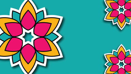  Decorative flower mandala background with place for text. Pink, yellow, blue colors. Vector color illustration.