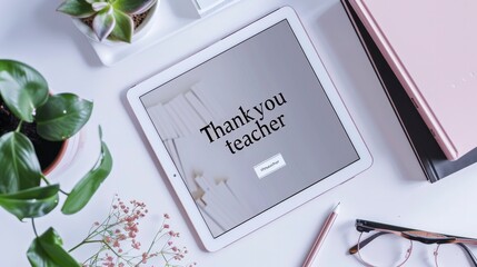 The text Thank you teacher written on an Pad screen, with a white desk background featuring books and plant decorations, taken from a top view.