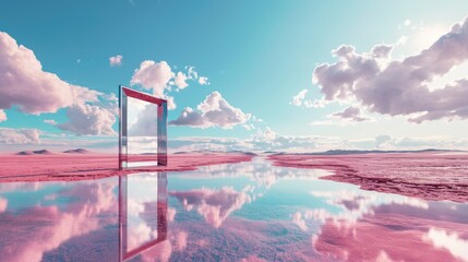 Fototapeta premium A metallic pink square portal in the middle of the clear river that connected to the ocean that surrounded with a pile of the pink sand and pink desert under the cloudy sky in the sunny day. AIGX03.