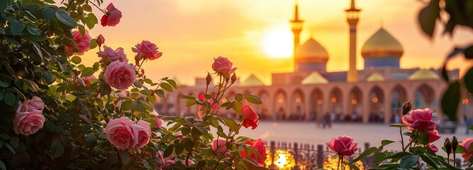 A serene sunrise over the sacred mosque of Karbala, with pink roses in full bloom and golden domes glowing under soft morning light