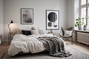 Interior of a modern Scandinavian bedroom.