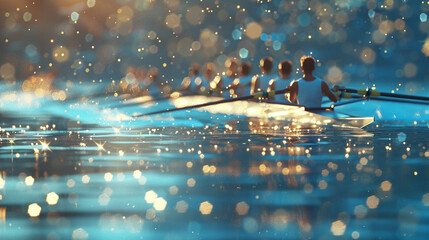 Rowing regatta with azure particles shimmering against a blurred backdrop, reflecting the precision and teamwork of rowers gliding across the water.