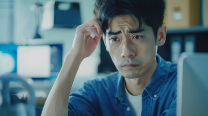 Obraz premium Asian man stressed and exhausted with laptop at workplace for malfunction, problem, proposal, idea, or burnout. Businessman, computer, thinking frustratedly, dejected, and headache at work.
