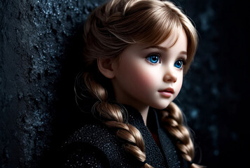 Face of cover kid girl 9-10 year old in doll image in black at dark textured wall, frozen eyes pose looking away. Pretty child with long hair isolated in shadow. Performing concept. Copy ad text space