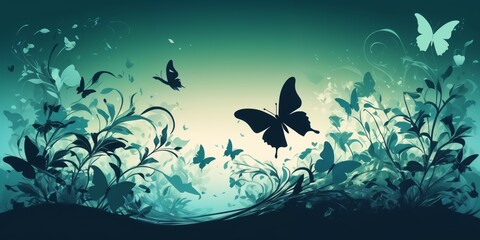 blue and green background with a tree and butterflies. The tree has a swirl design and the butterflies are in various sizes and stages of flight. - obrazy, fototapety, plakaty
