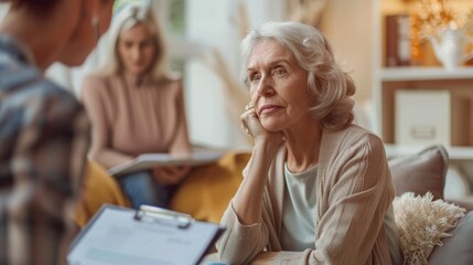 Mental health, stress, and anxiety therapy for elderly women. Depression, crisis and senior patient at psychologist, therapist and counseling of support, help and medical consulting service