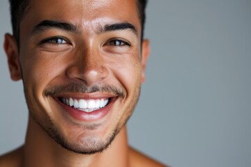 Naklejka premium Natural beauty and skincare, joyful cosmetology model. Clean, fresh, radiance, facial treatment, physical wellness, or dental mouth hygiene in grey studio background.