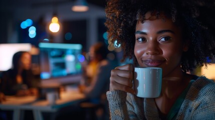 Coffee, office, businesswoman pondering at coworking firm about job and relax. African woman with tea, staff, drink, and latte, creative job ideas, and planning.