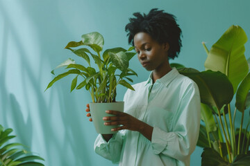 Young woman is holding a green potted plant. Home decor or gardening concepts